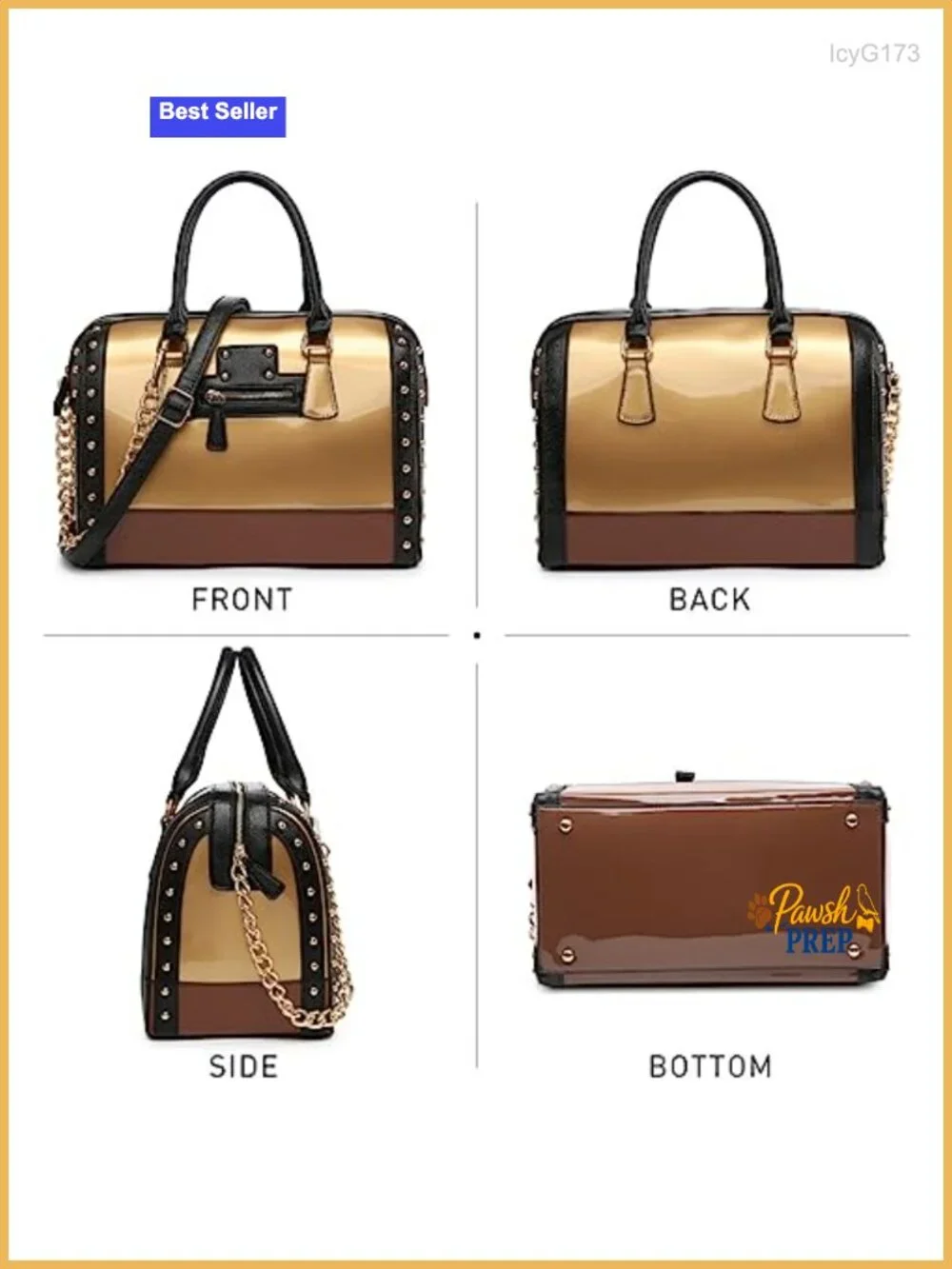 Patent Faux Leather Barrel Handbag Satchel Shoulder Purse with Rivets